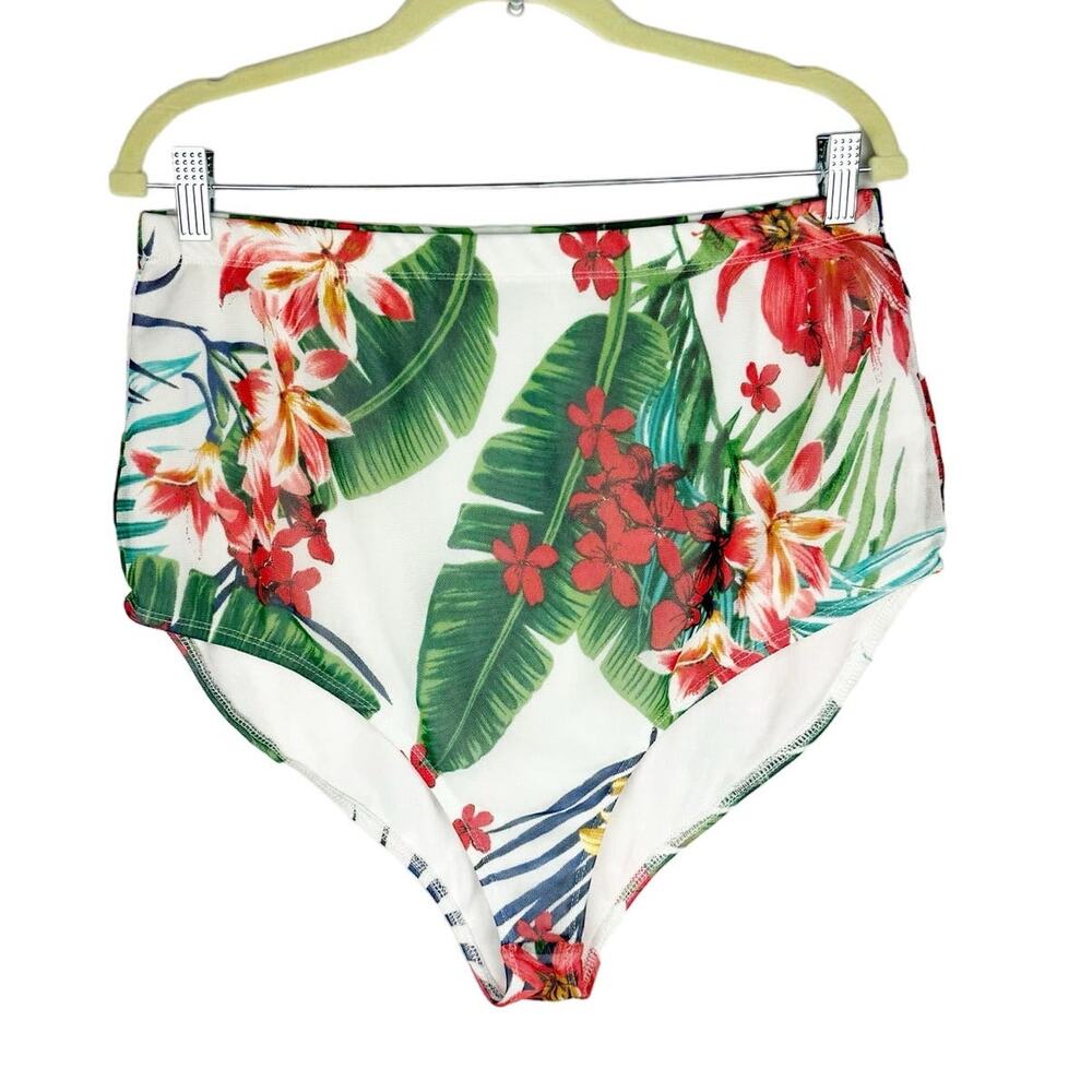 goodtimeusa White Tropical Floral High Rise Mesh Swim Bikini Bottoms Sz 1XL